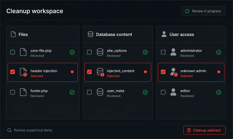 WordPress files, database content and suspicious users being reviewed and cleaned