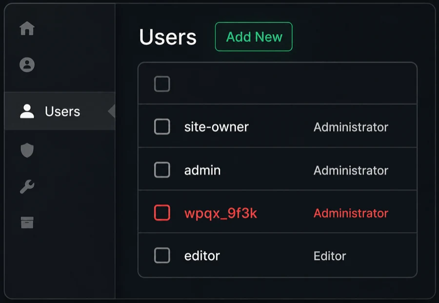 Example unknown administrator account in WordPress