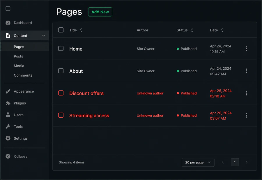 Example spam pages appearing in a hacked WordPress website