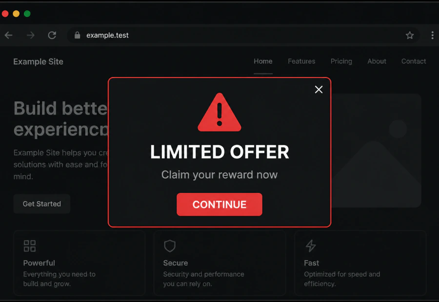 Example unwanted pop-up appearing on a hacked website