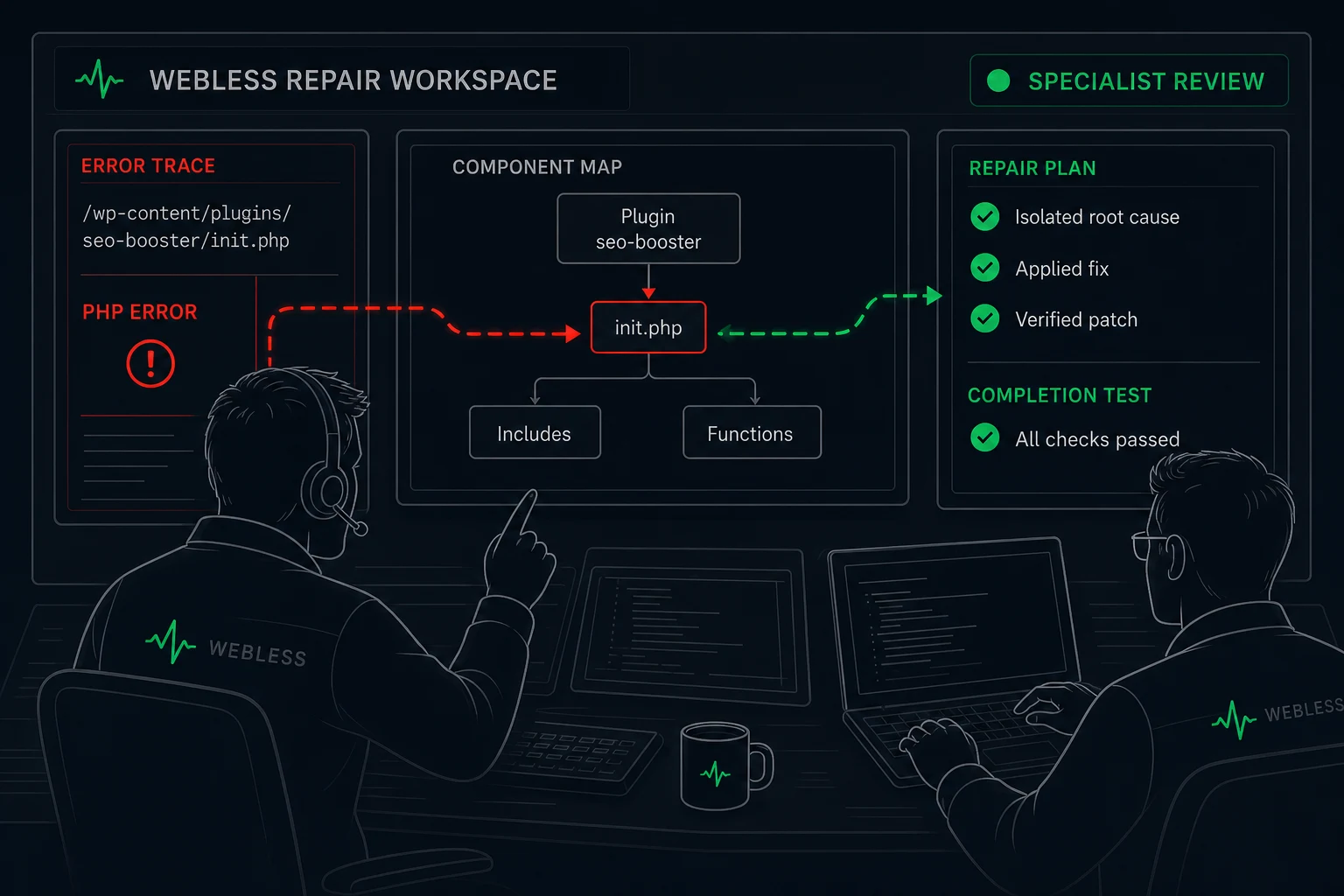 Illustrated Webless specialists reviewing an error trace, repair plan and completion test