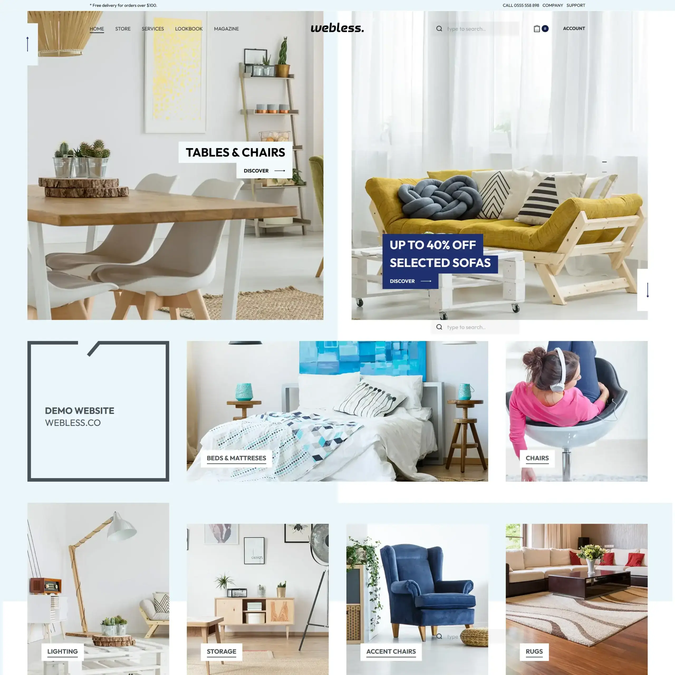 Wooden dining table with white chairs in bright modern living room.