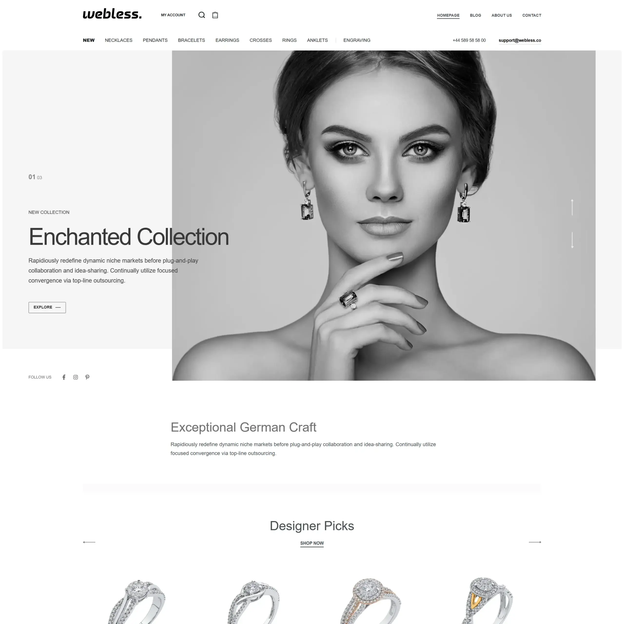 Stunning black and white close-up of a woman wearing elegant jewelry, highlighting the jewelry pieces.