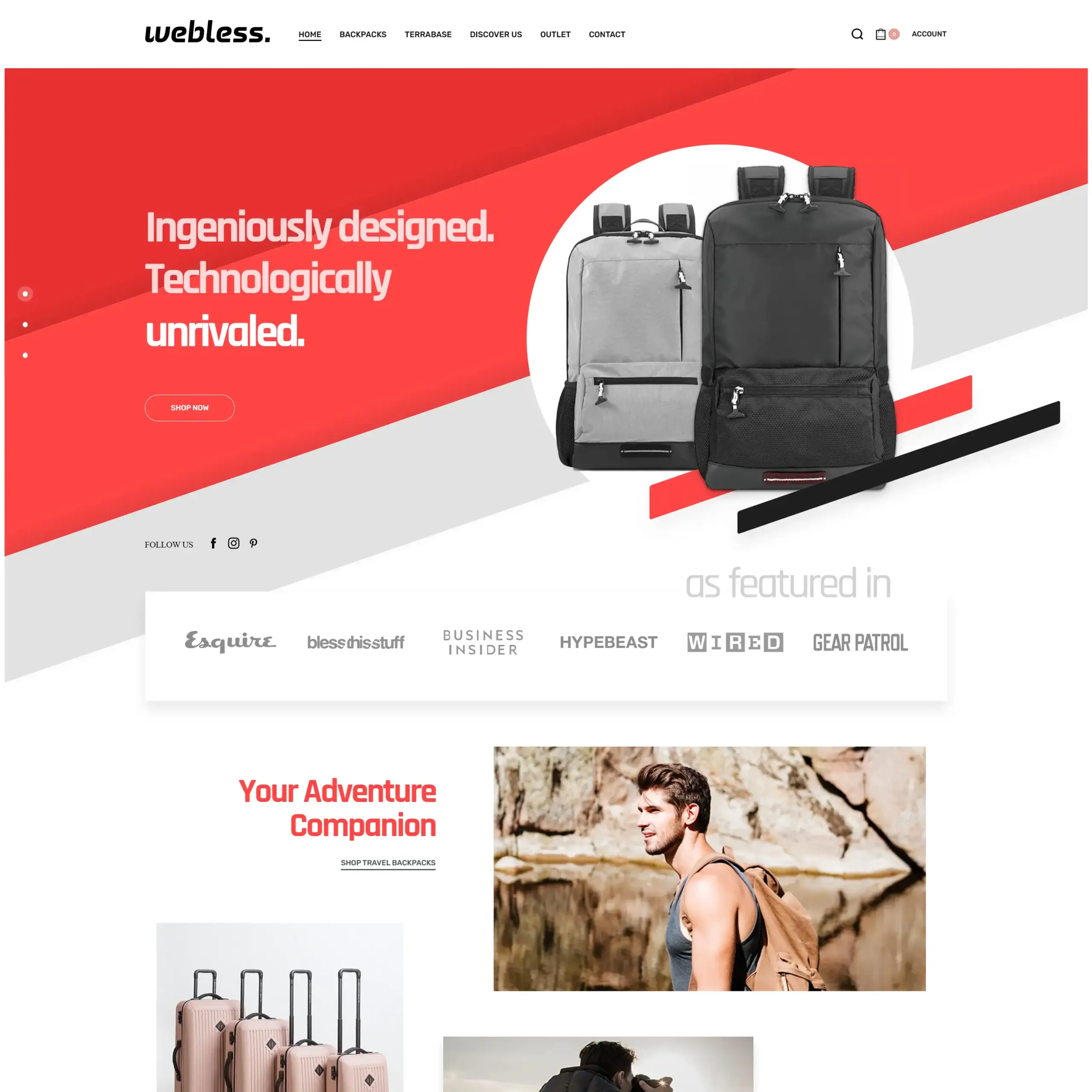 Backpack display with bold red background, modern design.