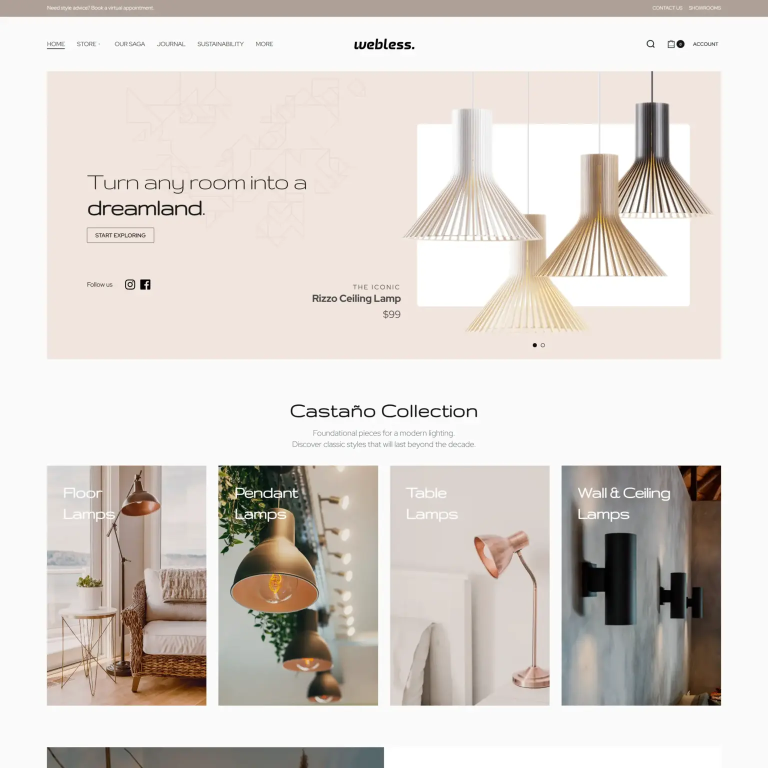 Rizzo Ceiling Lamp hanging above a clean, modern website homepage showcasing lighting products with soft pastel background.