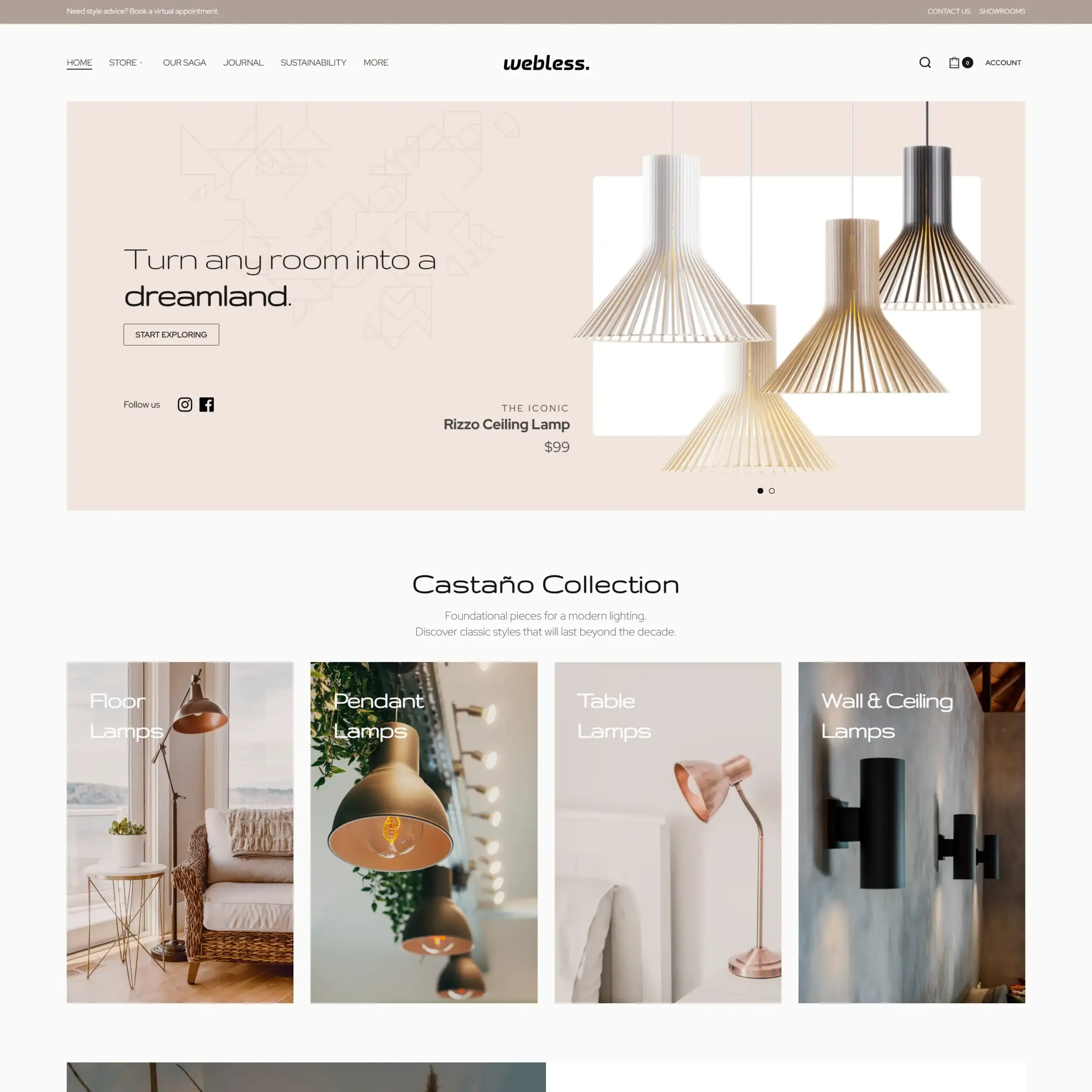 Rizzo Ceiling Lamp hanging above a clean, modern website homepage showcasing lighting products with soft pastel background.