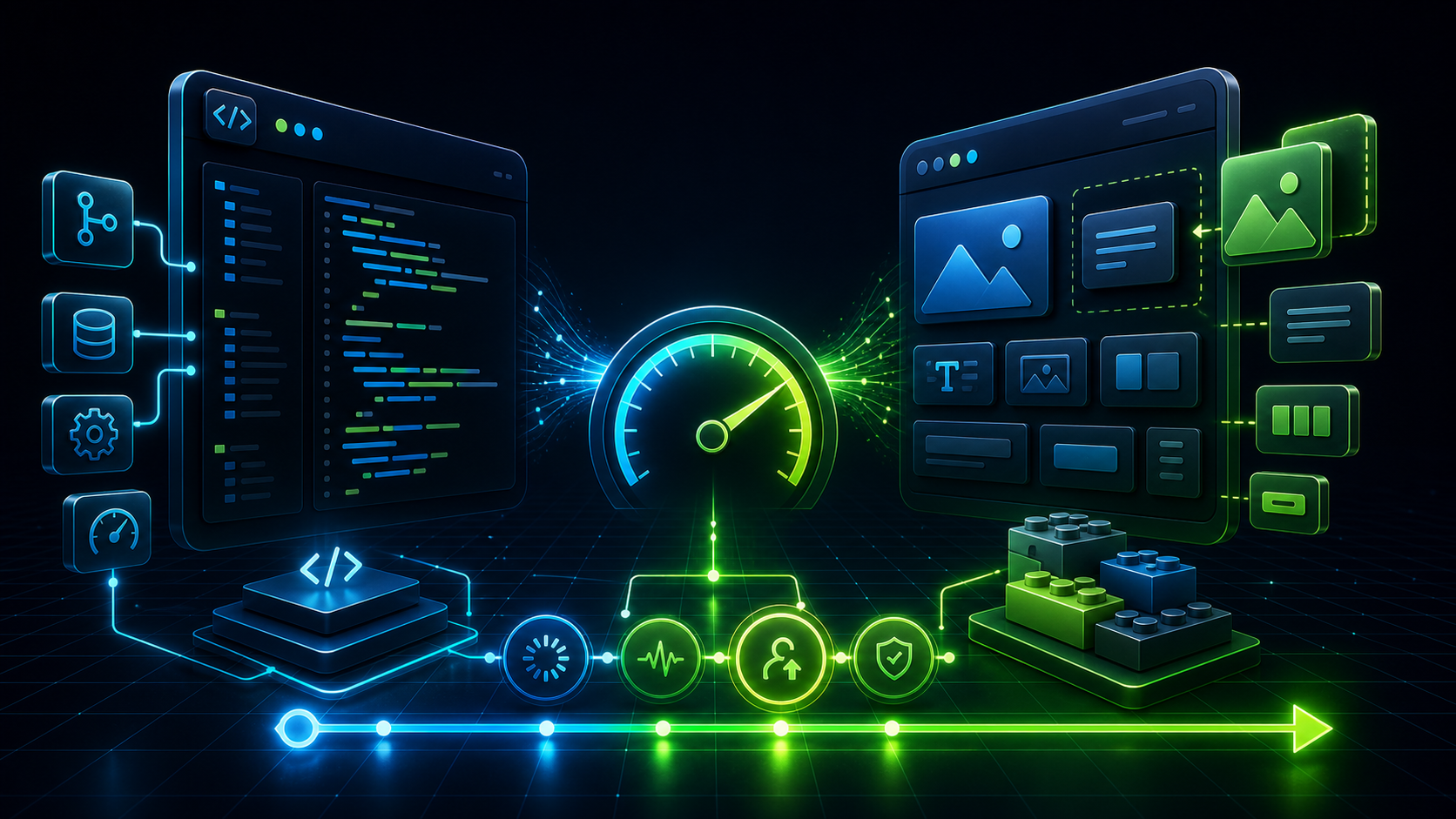 Digital interface with code, speedometer, and icons representing website optimization and development.