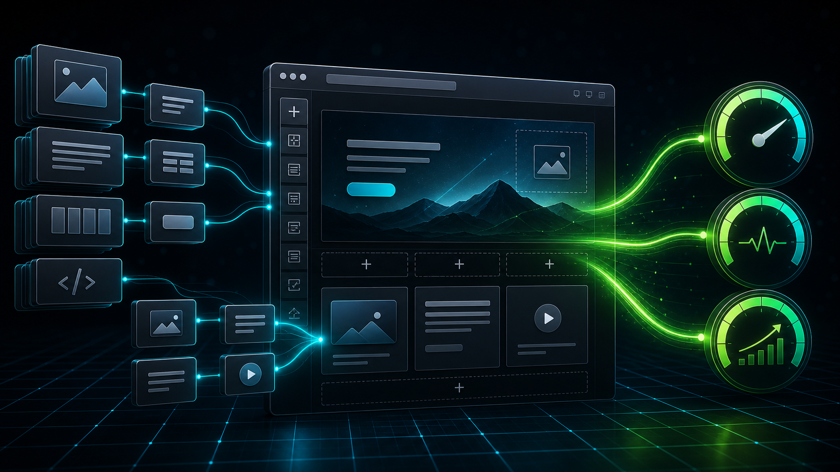 Digital interface showing website optimization with graphs and data flow, emphasizing Core Web Vitals and WordPress performance.