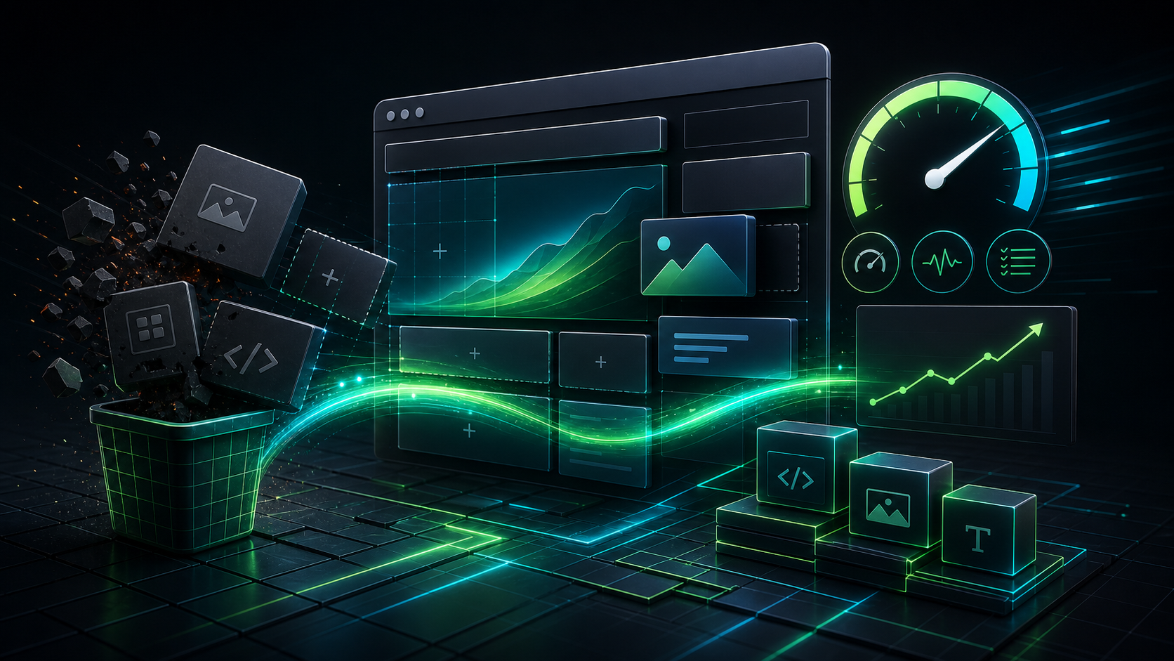 Elementor speed optimization visual showing page builder sections, script cleanup, image optimization, and Core Web Vitals speed tuning