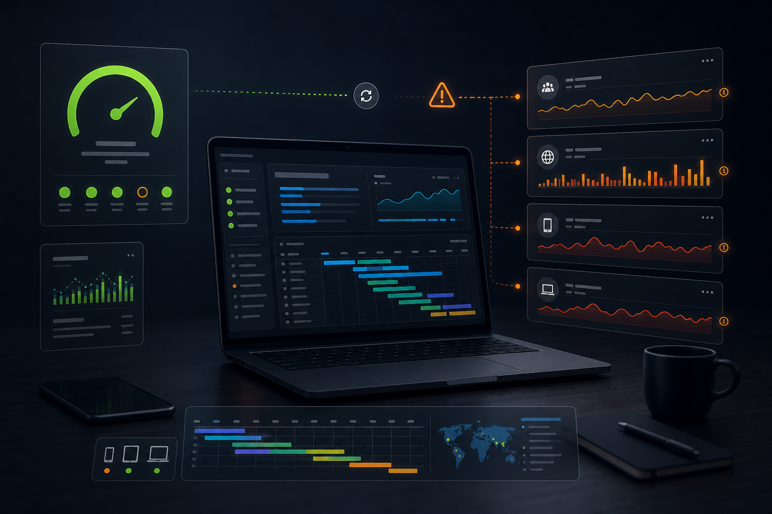 Data analytics dashboard on a laptop showing performance metrics and graphs.