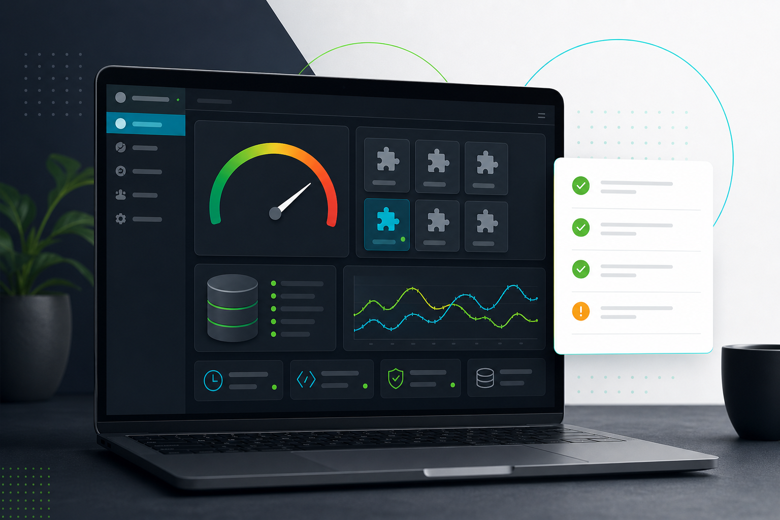 WordPress admin performance dashboard with speed gauge, plugin blocks, database status, and maintenance checklist.