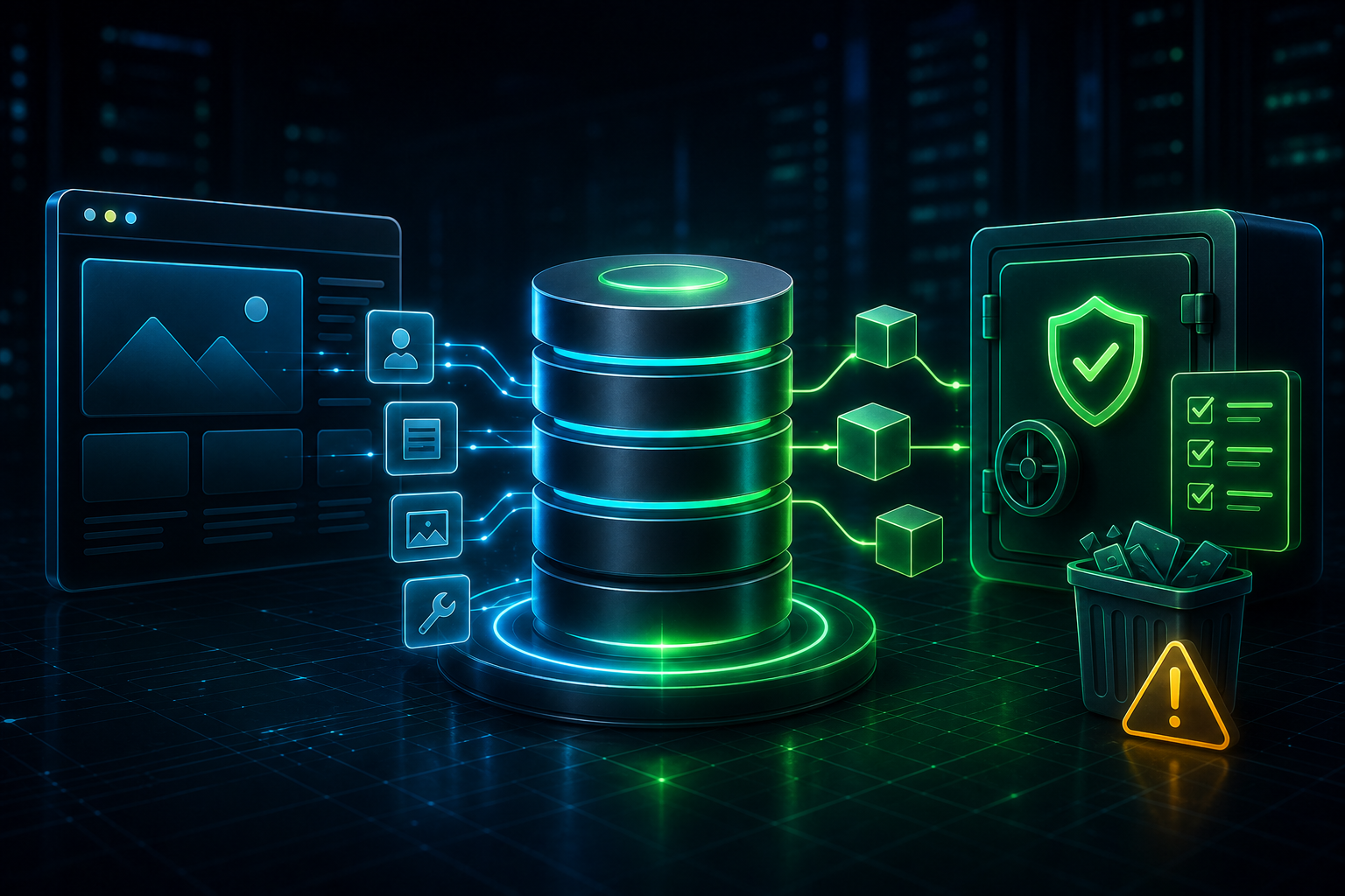 Safe WordPress database cleanup visual with backup vault checklist and database audit blocks