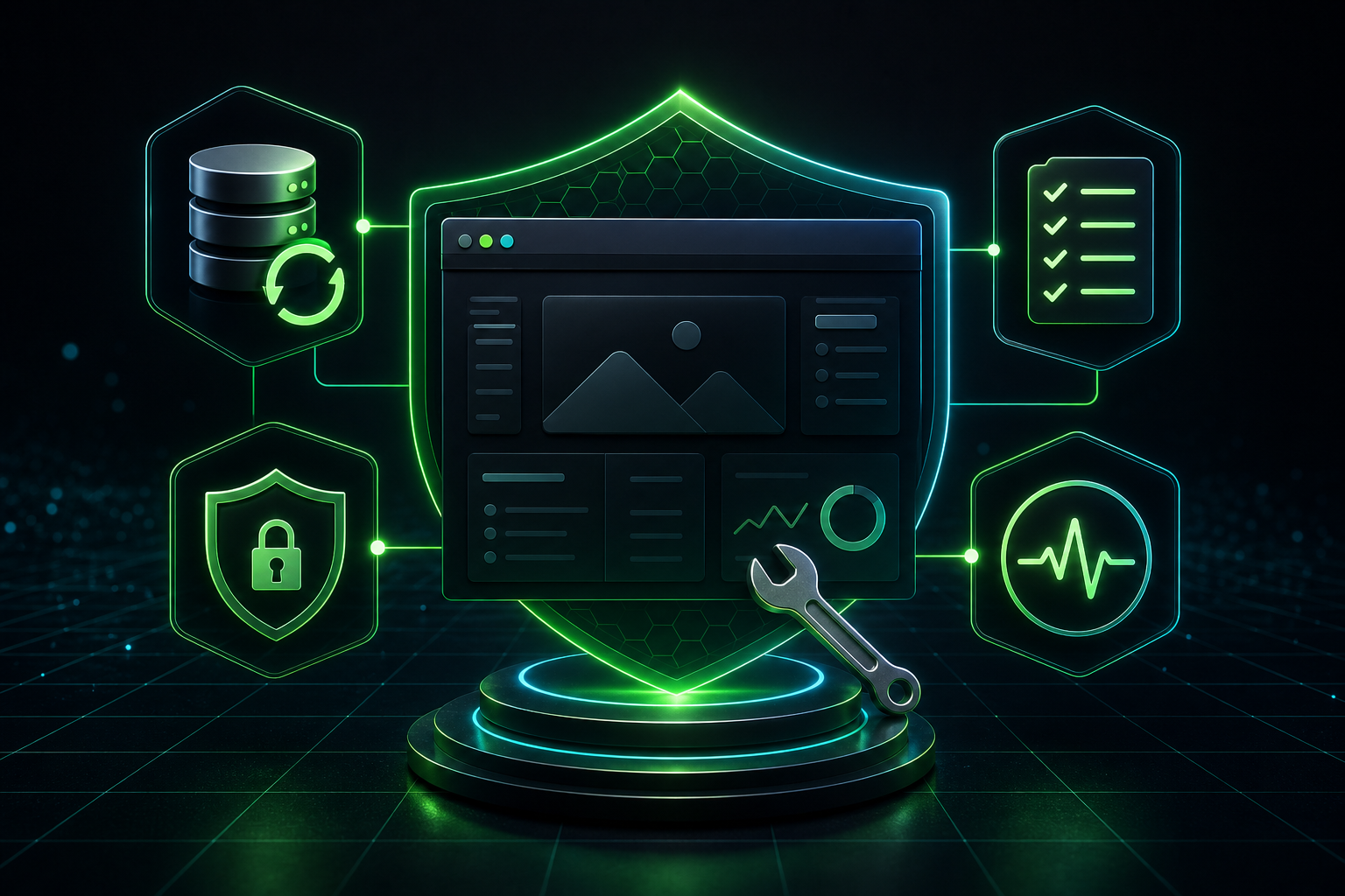 WordPress maintenance and support dashboard with backups, security, uptime, and update checklist