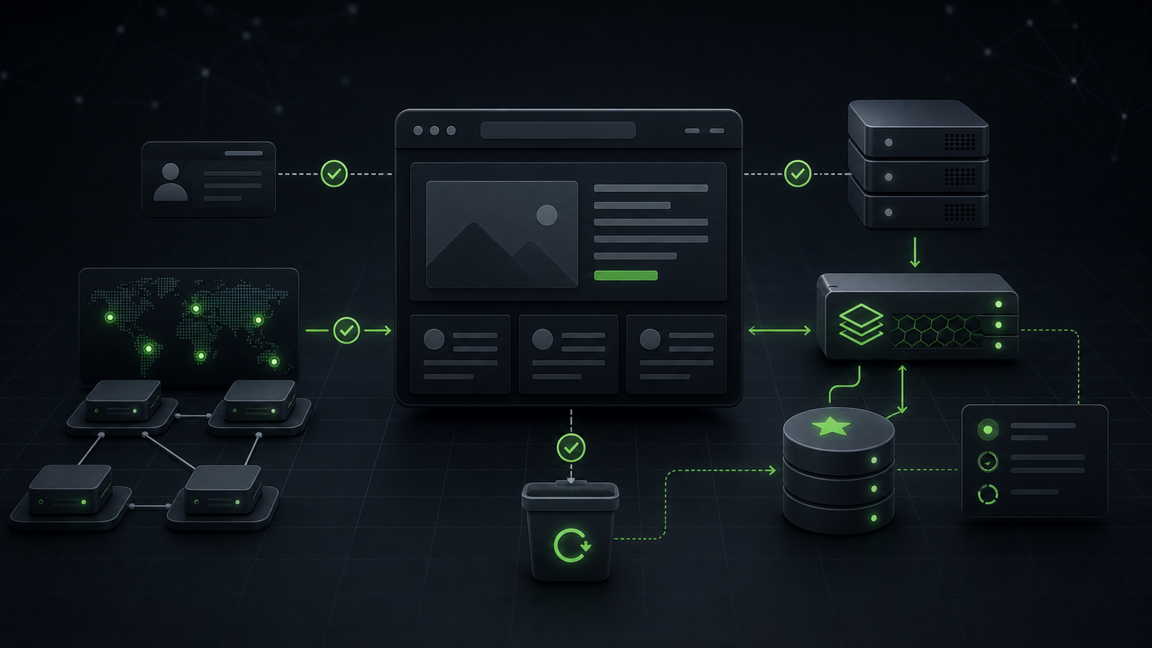 Digital network infrastructure with servers, data flow, and security icons, illustrating WordPress optimization and caching.
