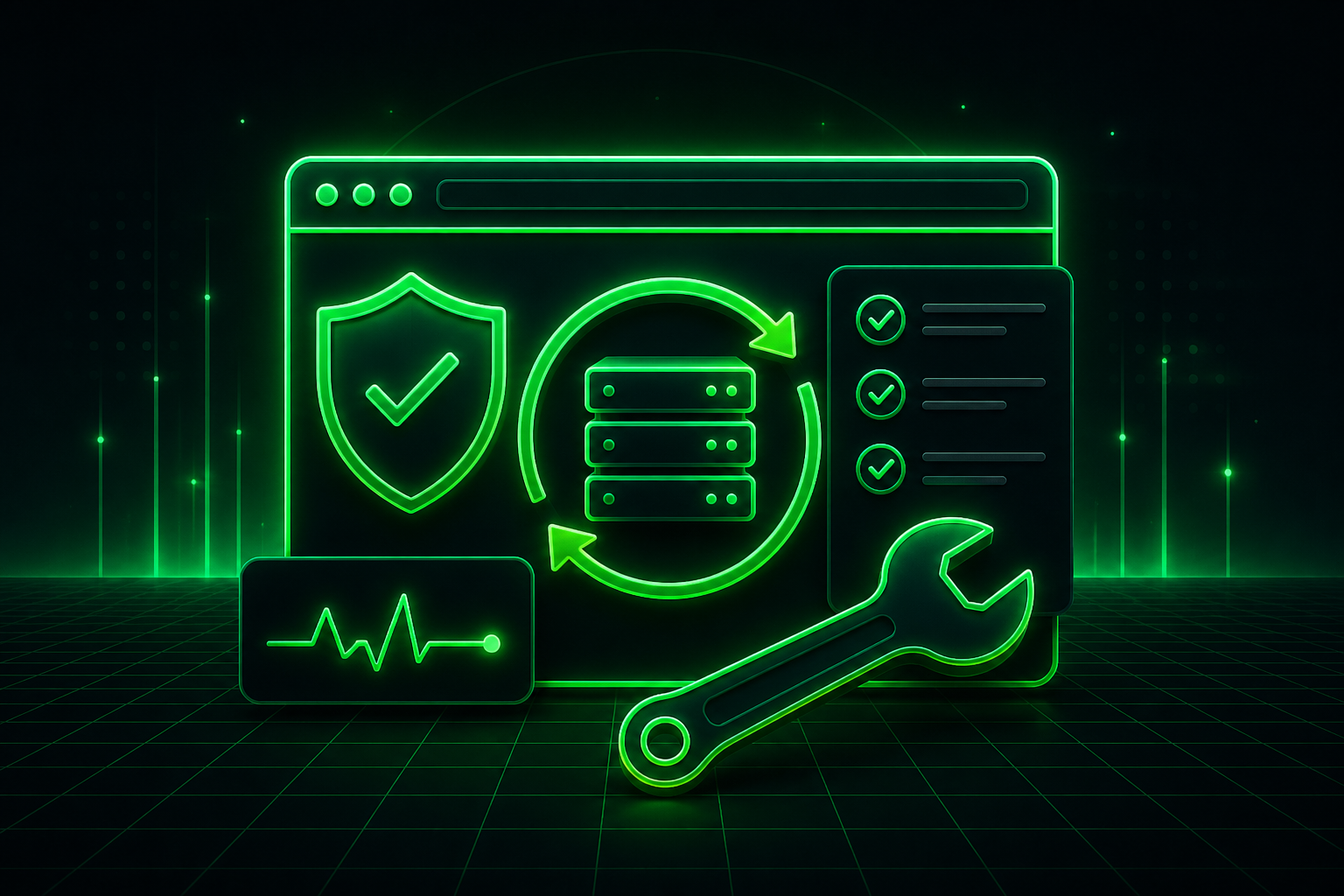 Neon green digital security and maintenance icons including shield, server, checkmarks, and wrench, representing WordPress site health and optimization.