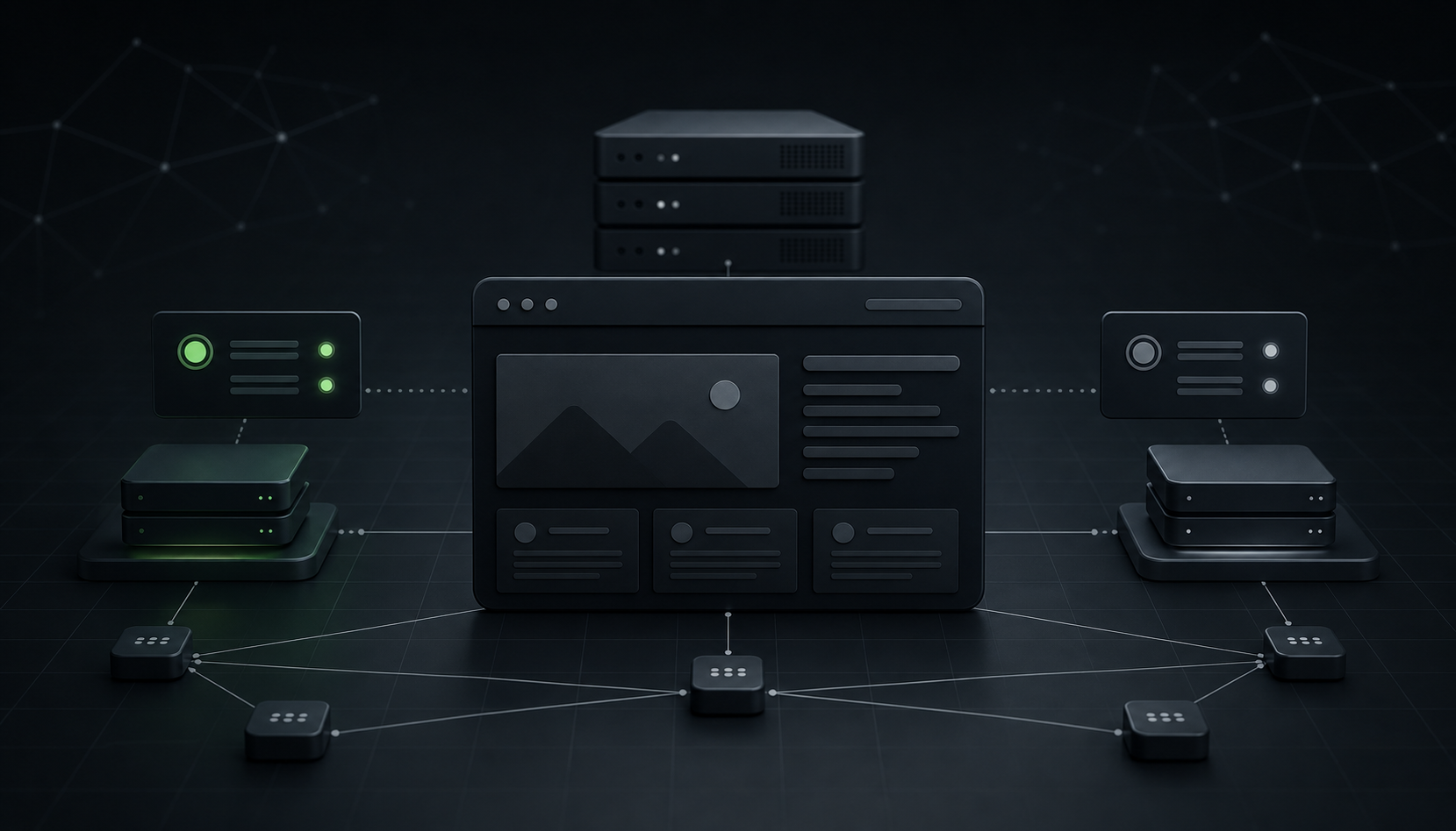 Server infrastructure with interconnected hardware components for website hosting and optimization.