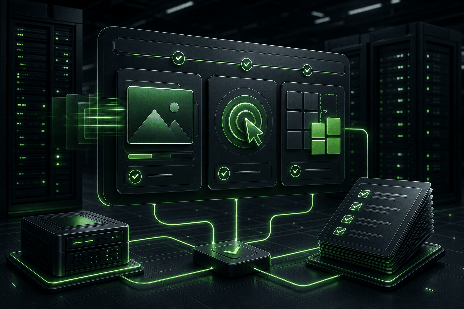 Server room with digital interface showing optimization and performance metrics for WordPress speed and Core Web Vitals.