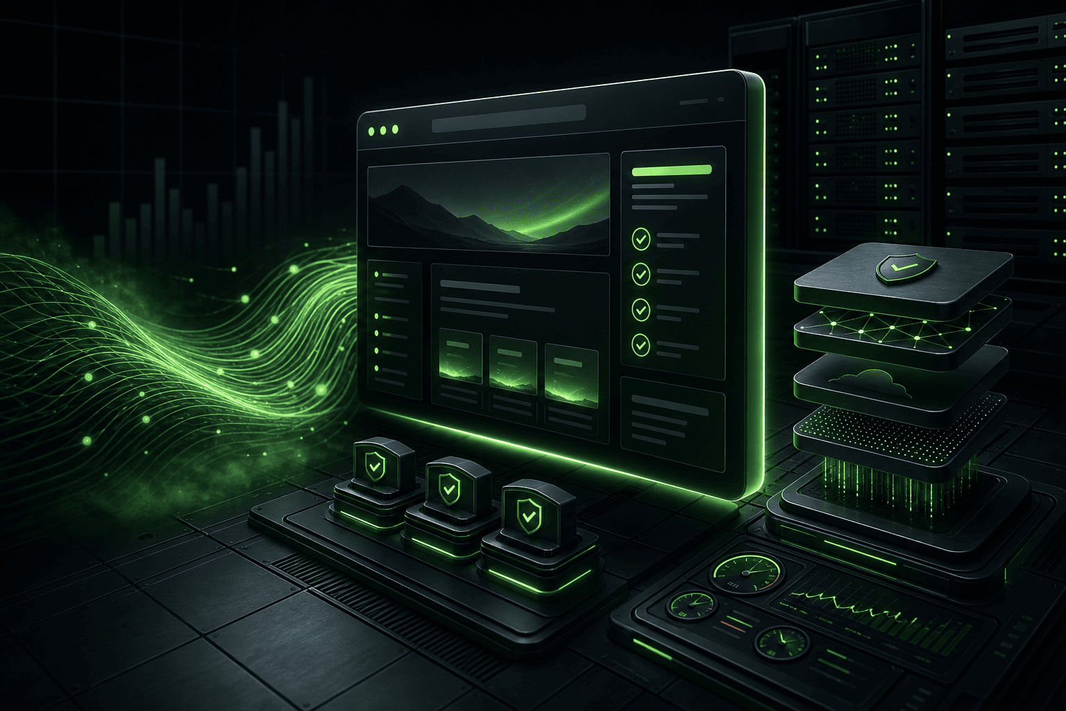 Futuristic digital server interface with green data streams, representing WordPress site optimization and performance monitoring.