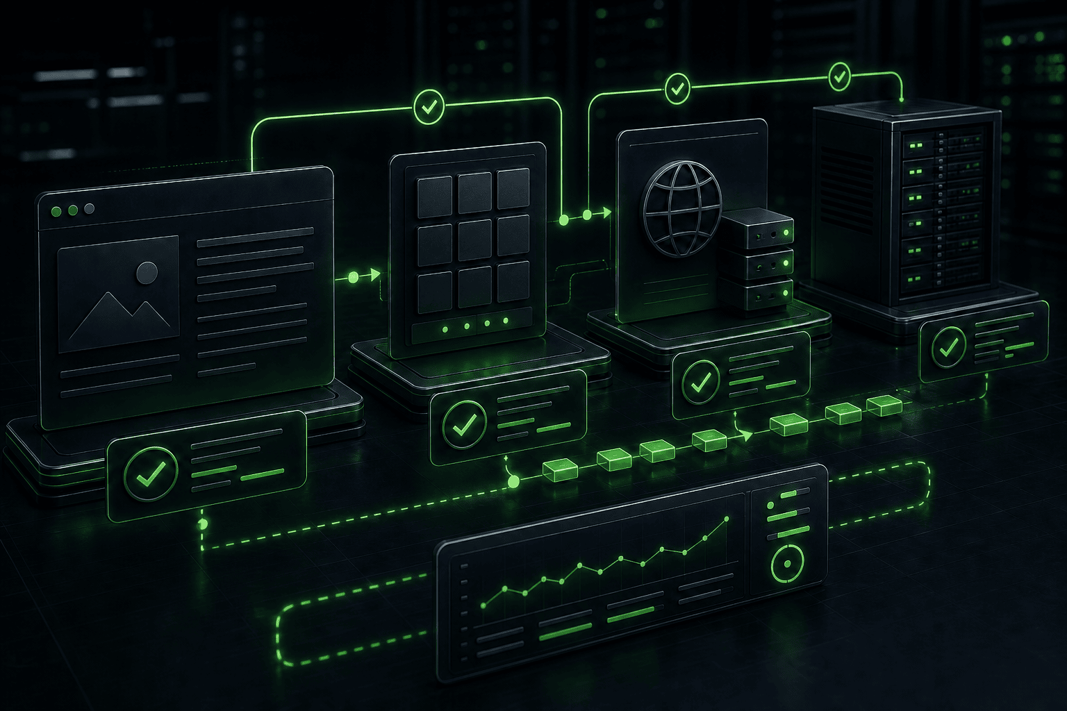 Dark 3D cache path connecting a WordPress page, page-cache layer, CDN edge, and origin server with green status checks