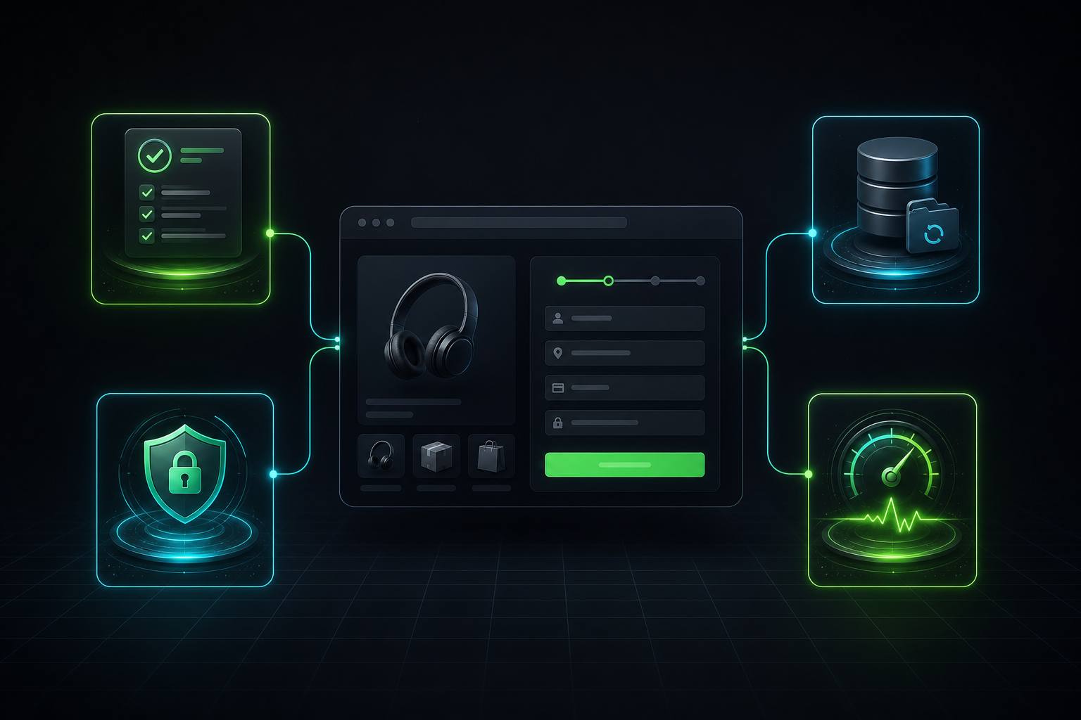 Digital security and performance management interface with icons for security, database, and speed optimization.