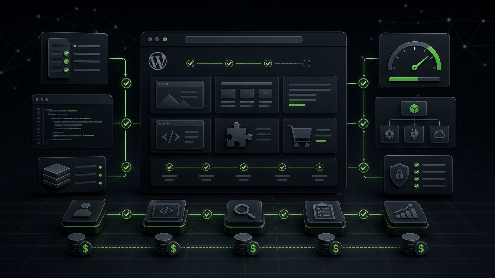 Illustration of WordPress development tools and performance metrics with interconnected icons and dashboard.