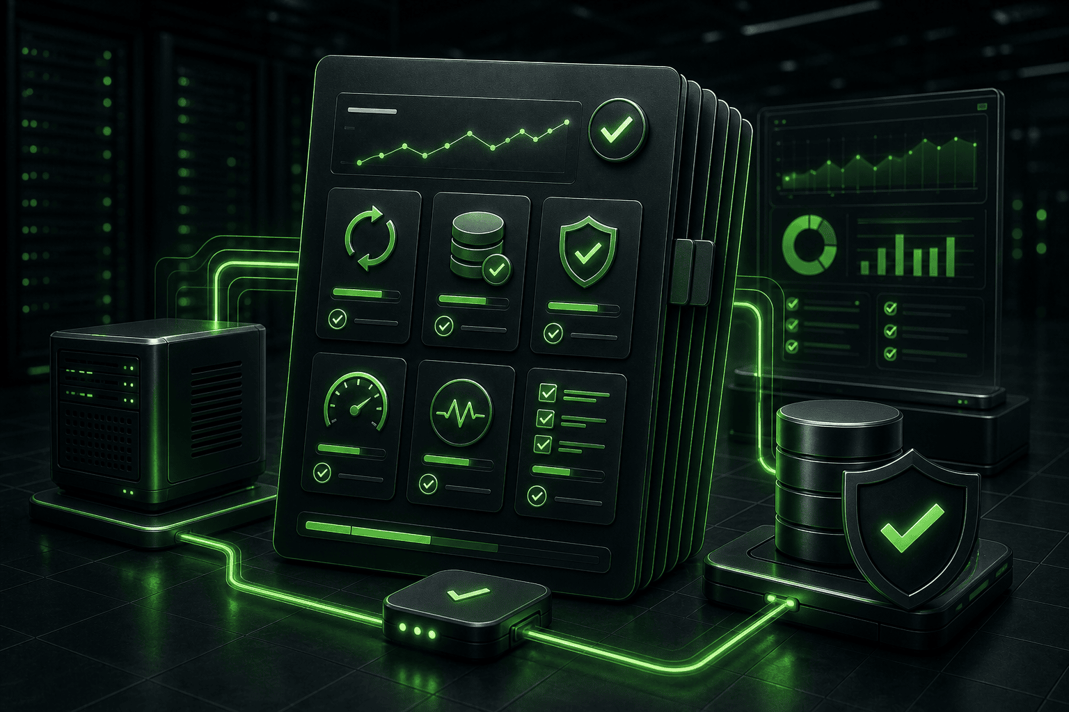 Dark 3D WordPress maintenance report dashboard connected to servers, backups, security, and performance checks in Webless green.