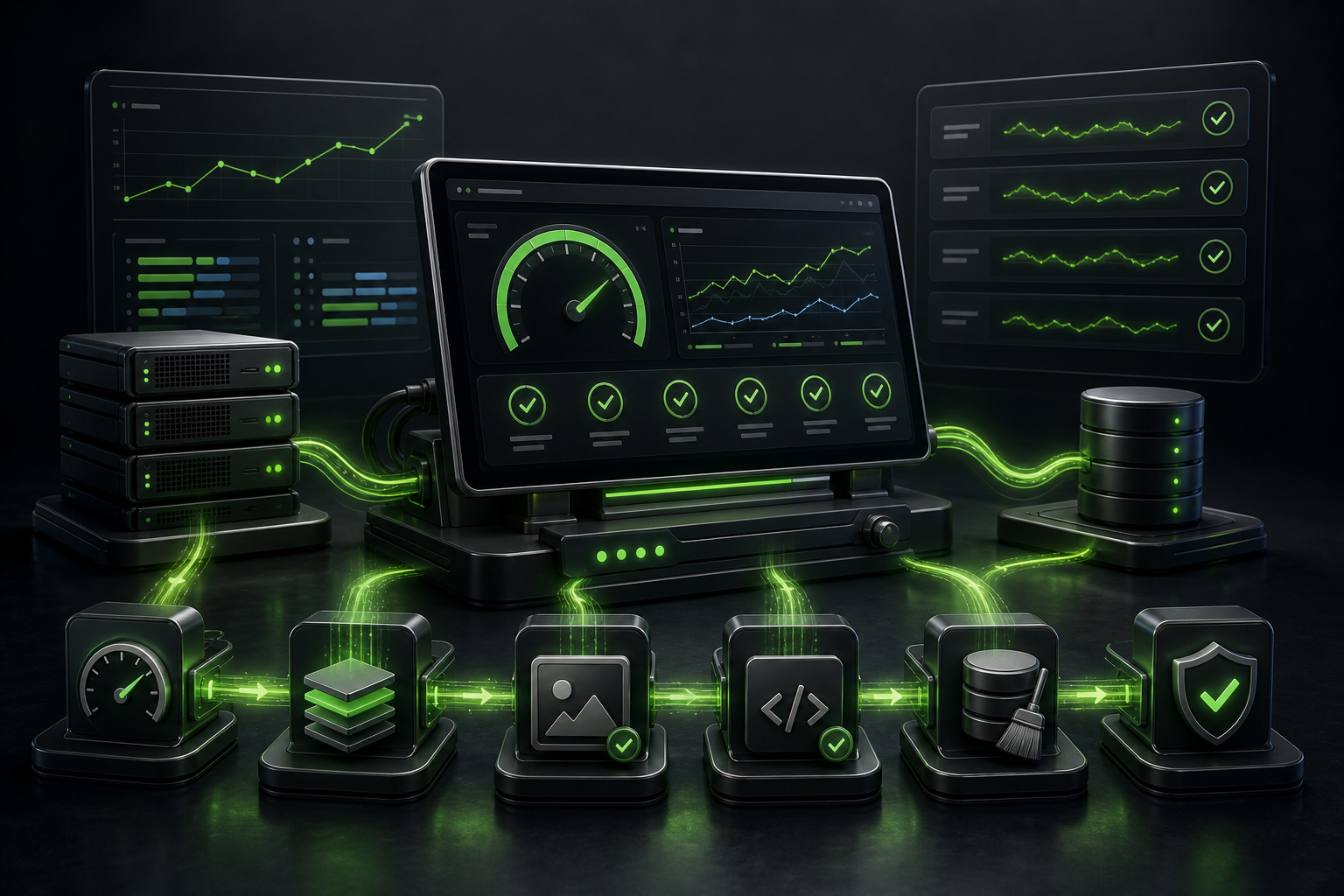 Server and data analytics dashboard with green neon accents, illustrating WordPress speed optimization and performance monitoring.