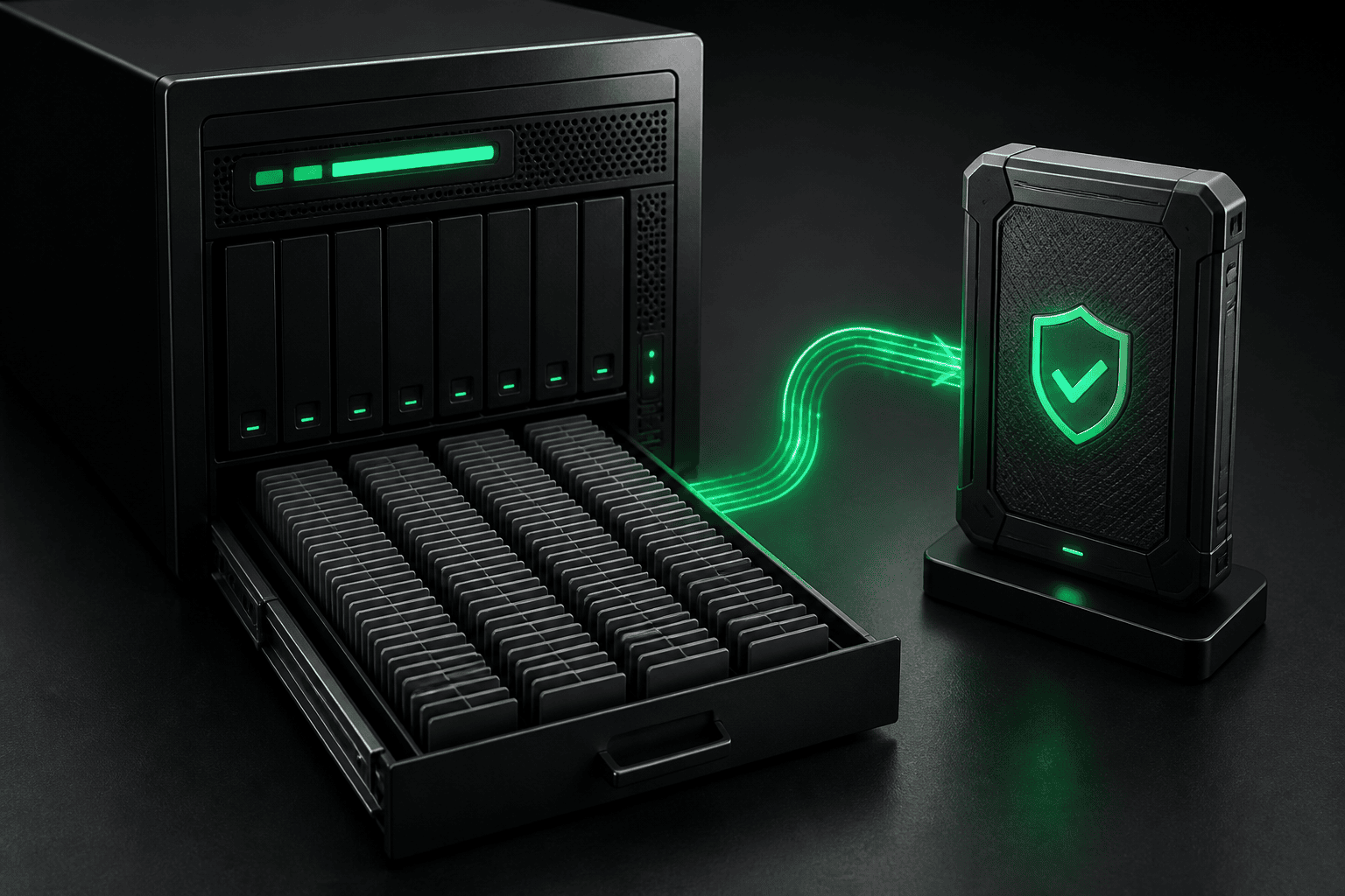 Storage server and a tray of file tiles connected to a separate protected backup drive