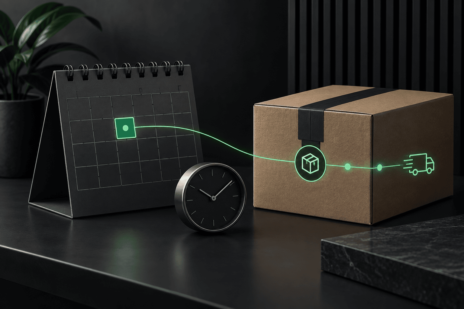 Smart delivery tracking with a calendar, clock, and package on a dark desk.