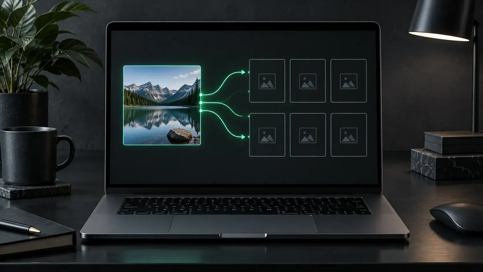 Laptop showing a saved photo and empty image-size placeholders connected by green lines