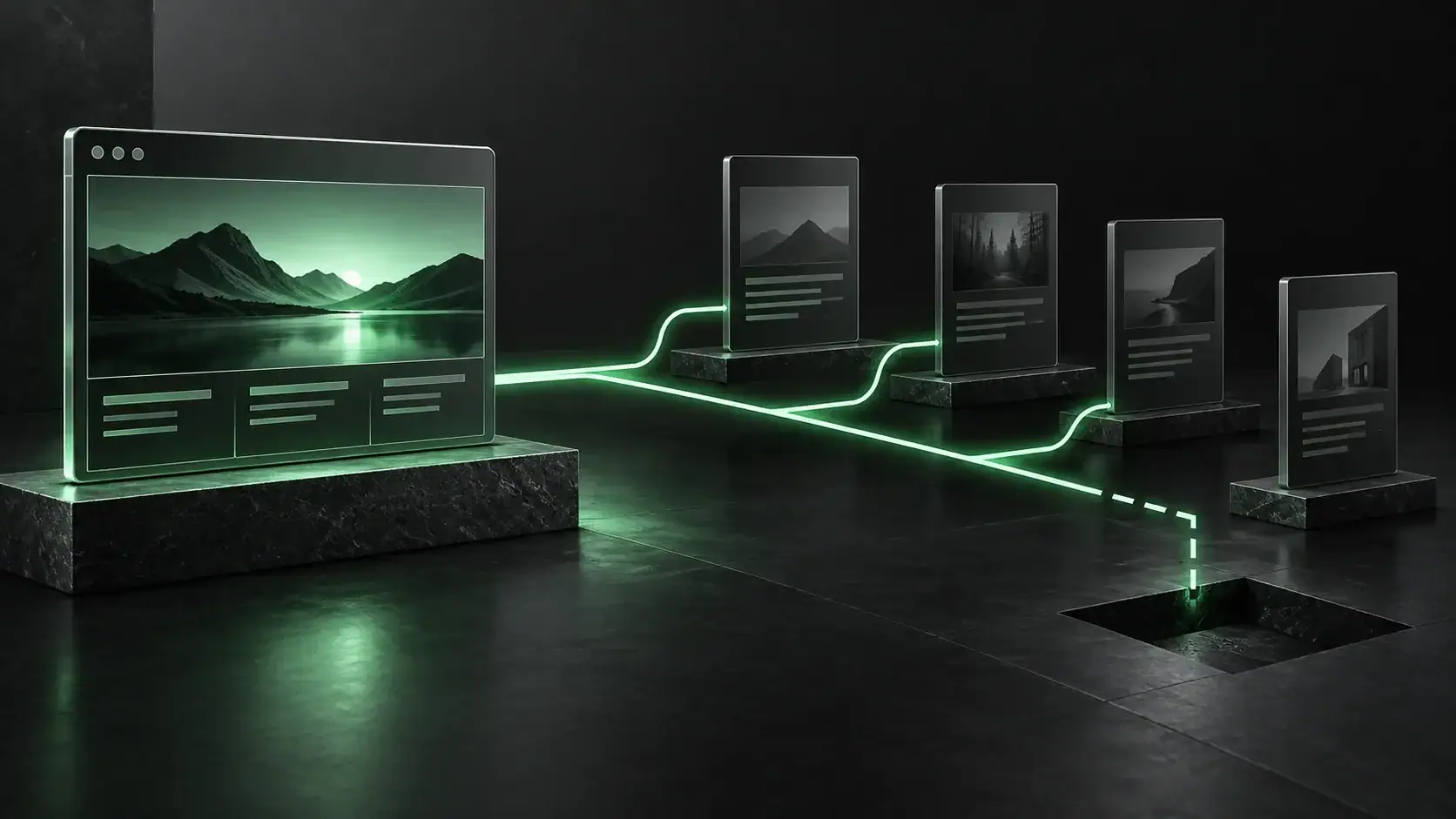 Working homepage and inner page panels with a green path ending at a gap