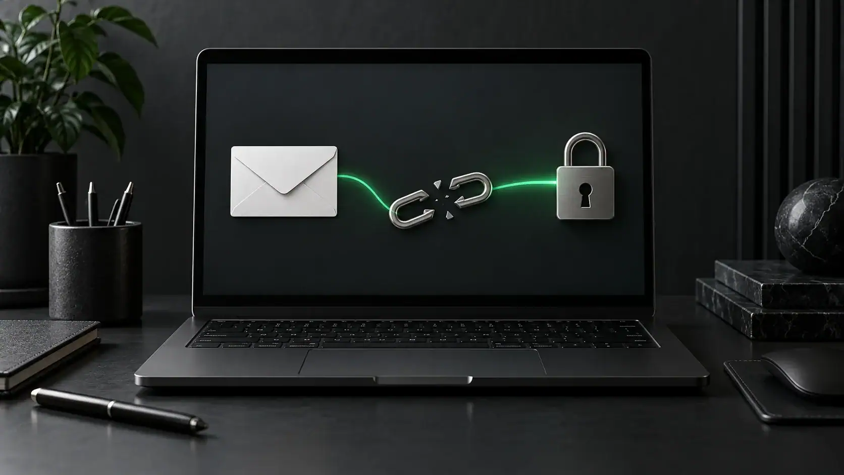 Laptop showing an envelope, broken chain link and lock connected by a green line