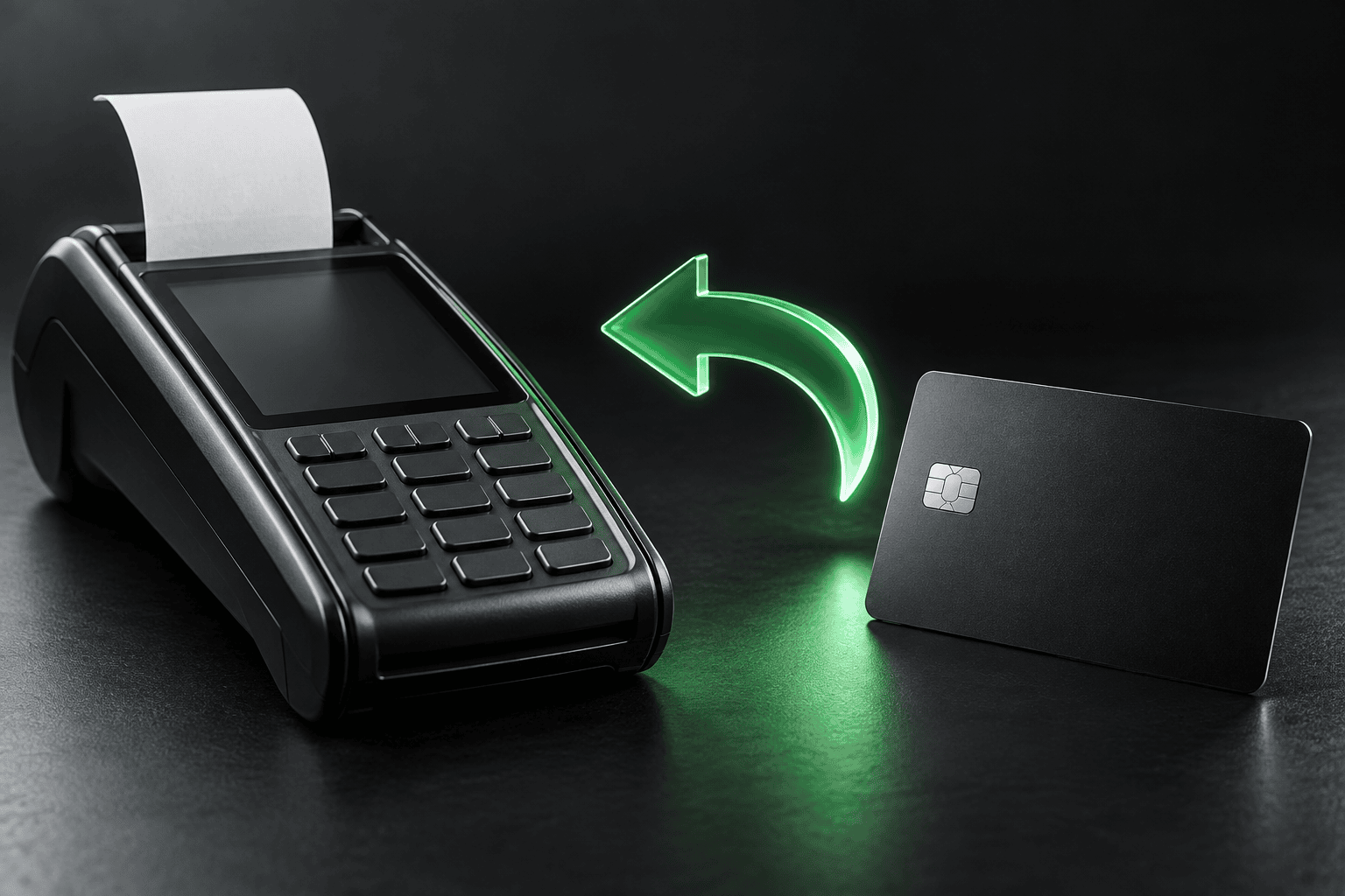 Black card terminal and bank card with a green return arrow and blank receipt