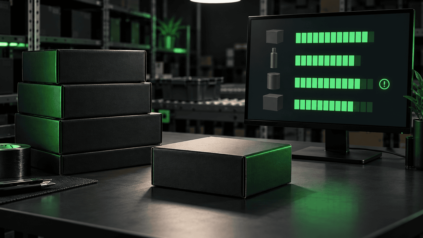 Stacked black shipping boxes beside a monitor with abstract green inventory bars