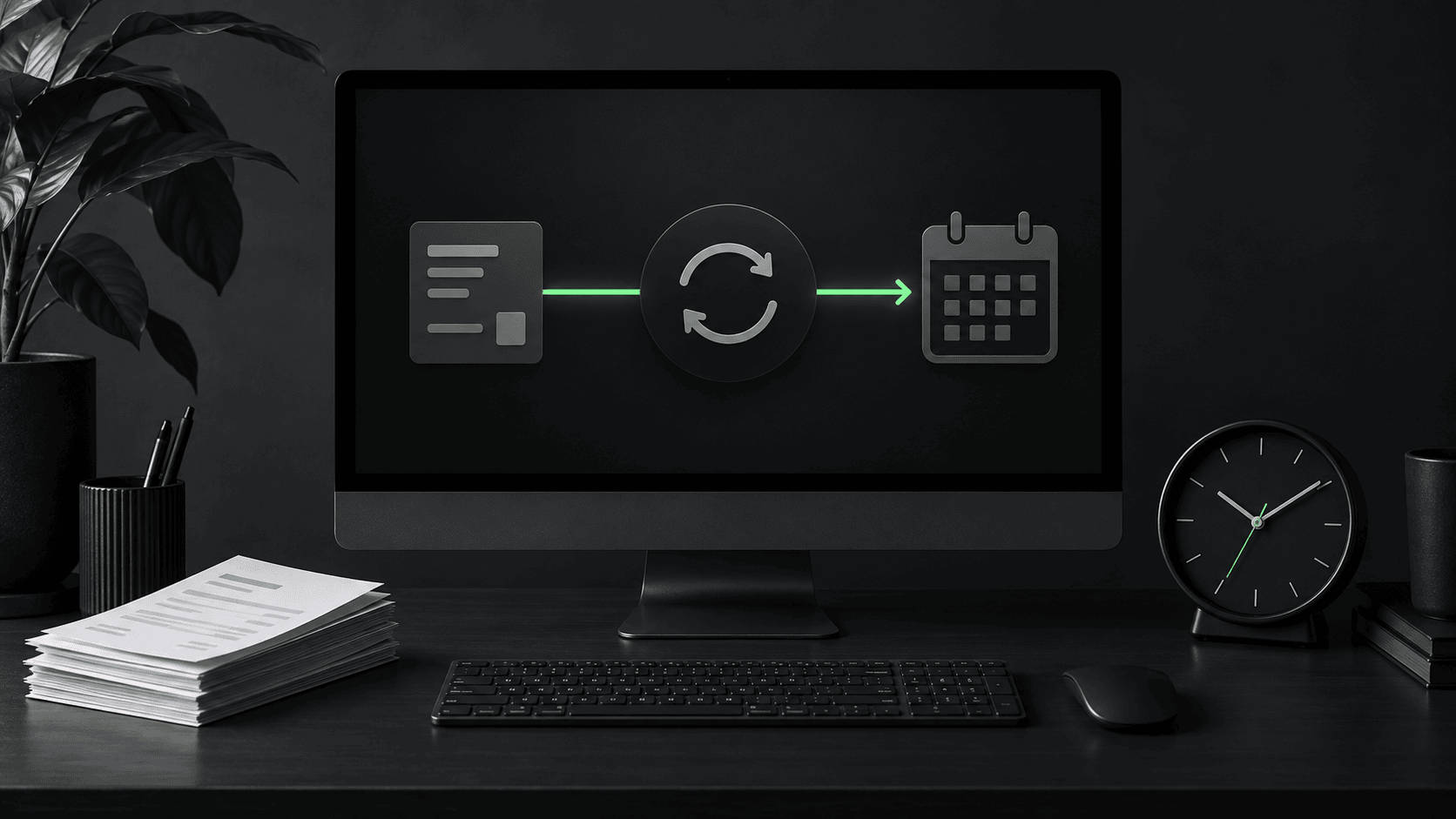 Desktop monitor with renewal arrows between a billing record and calendar, beside a clock