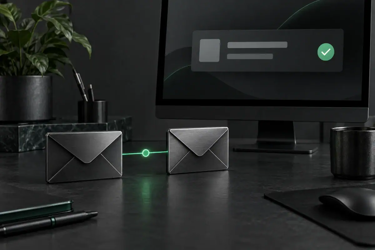 Two graphite envelopes linked by a green confirmation path beside a website notification screen