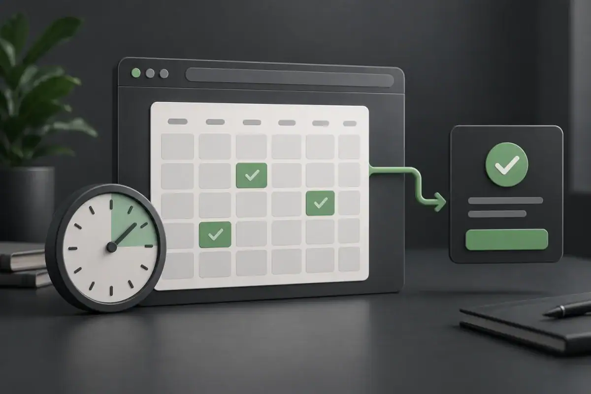 Digital calendar with checkmarks, clock, and connection icon representing scheduling and productivity.
