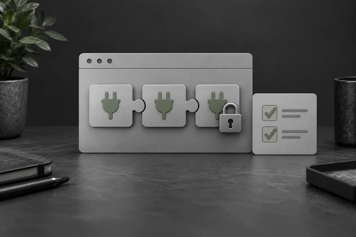 Connected gray plugin puzzle pieces with a padlock and a muted green checklist