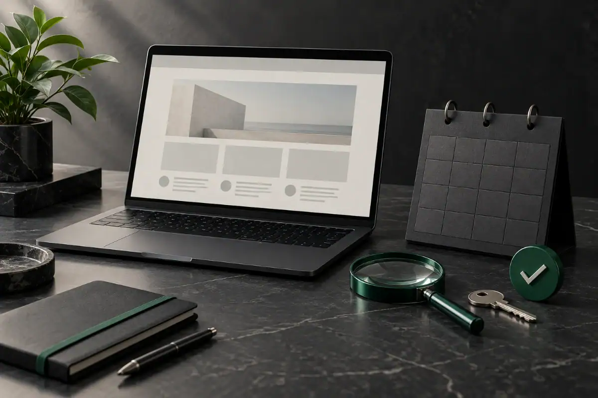 Graphite website workstation beside an abstract renewal calendar and green inspection markers