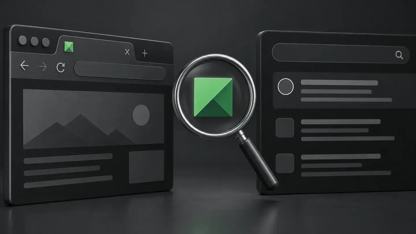 Magnifying glass focusing on a green checkmark icon between two web browser windows, symbolizing website analysis and optimization.