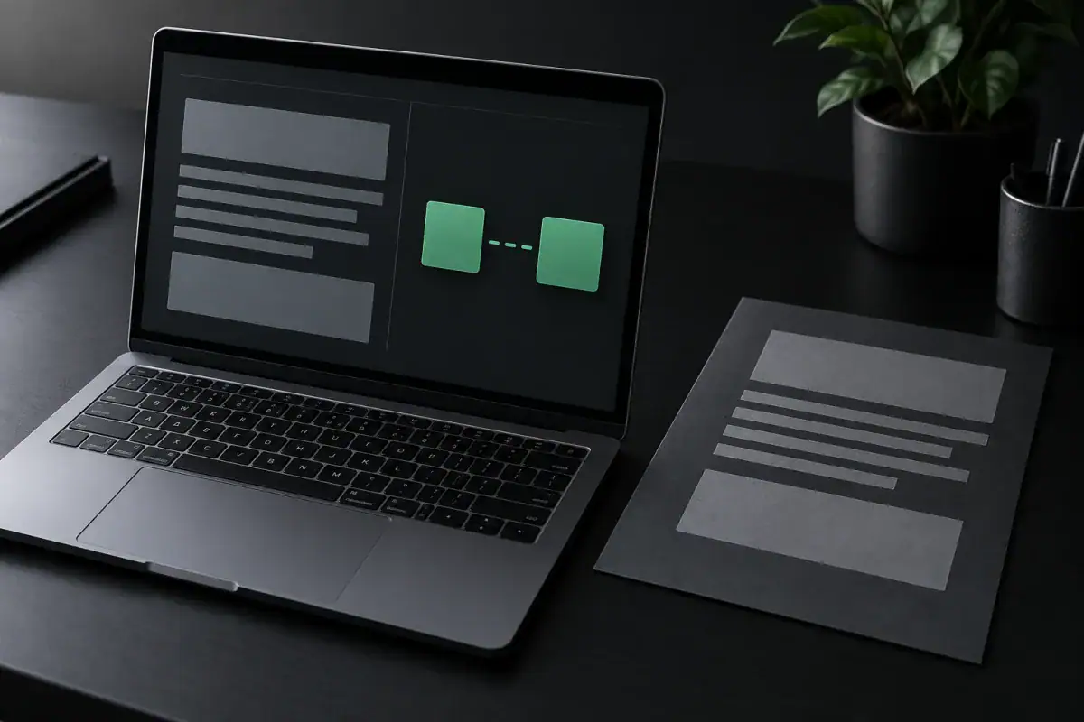 Graphite laptop with abstract editor blocks beside a preserved draft sheet
