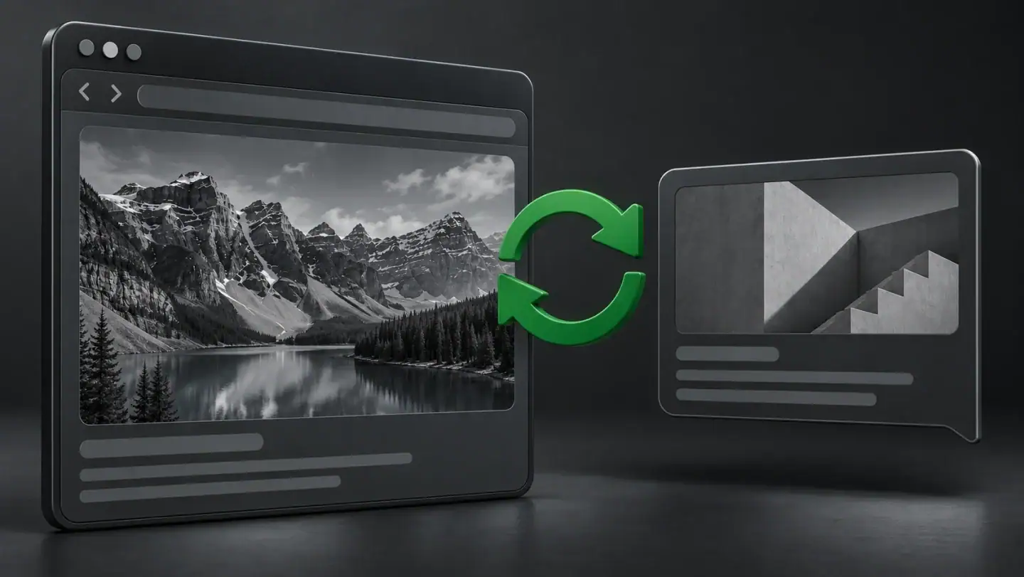 Two digital screens showing mountain landscape and staircase, with a green refresh icon between them, illustrating image update or refresh.