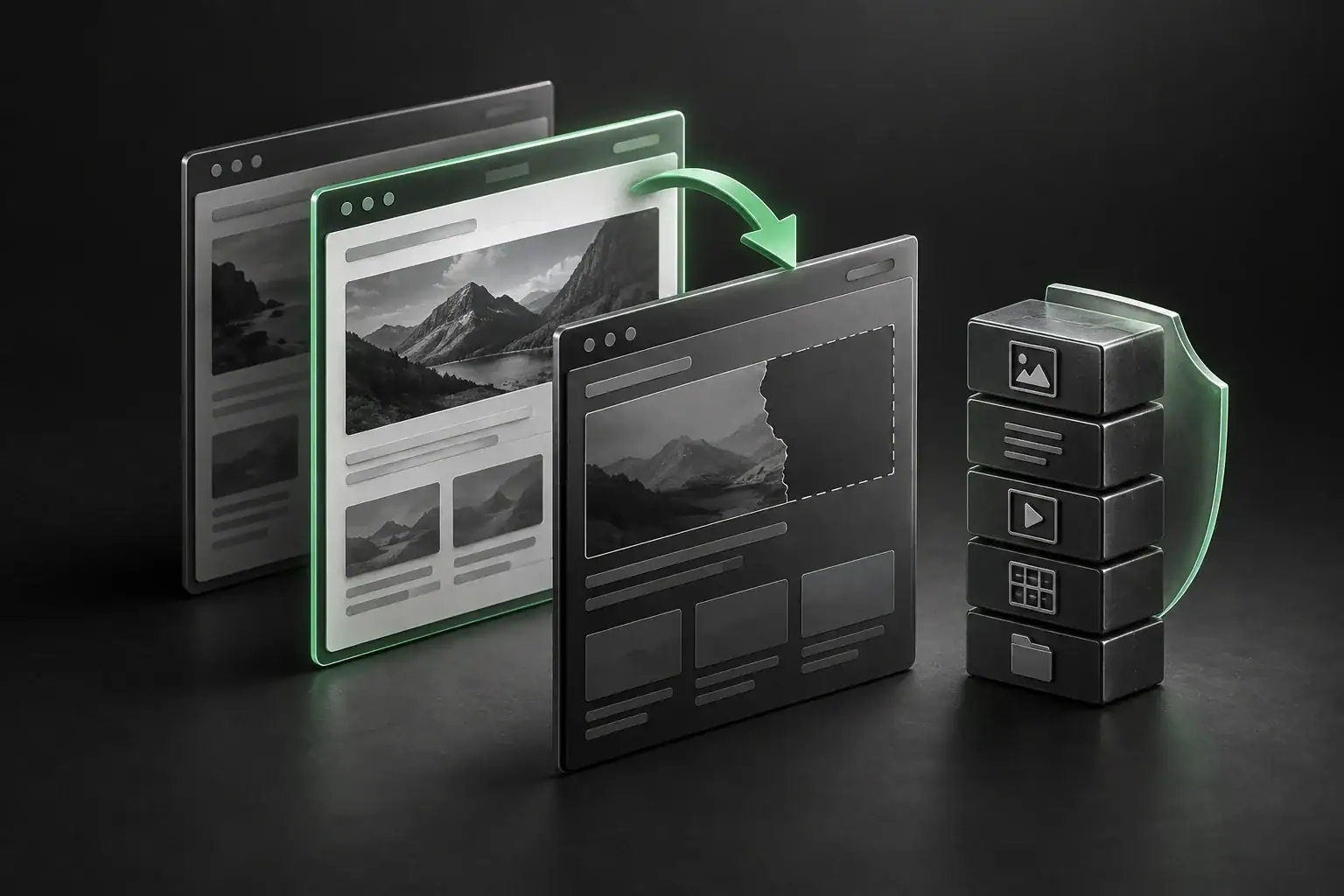 Earlier webpage panels beside a damaged version, with a green recovery arrow and separate protected data blocks