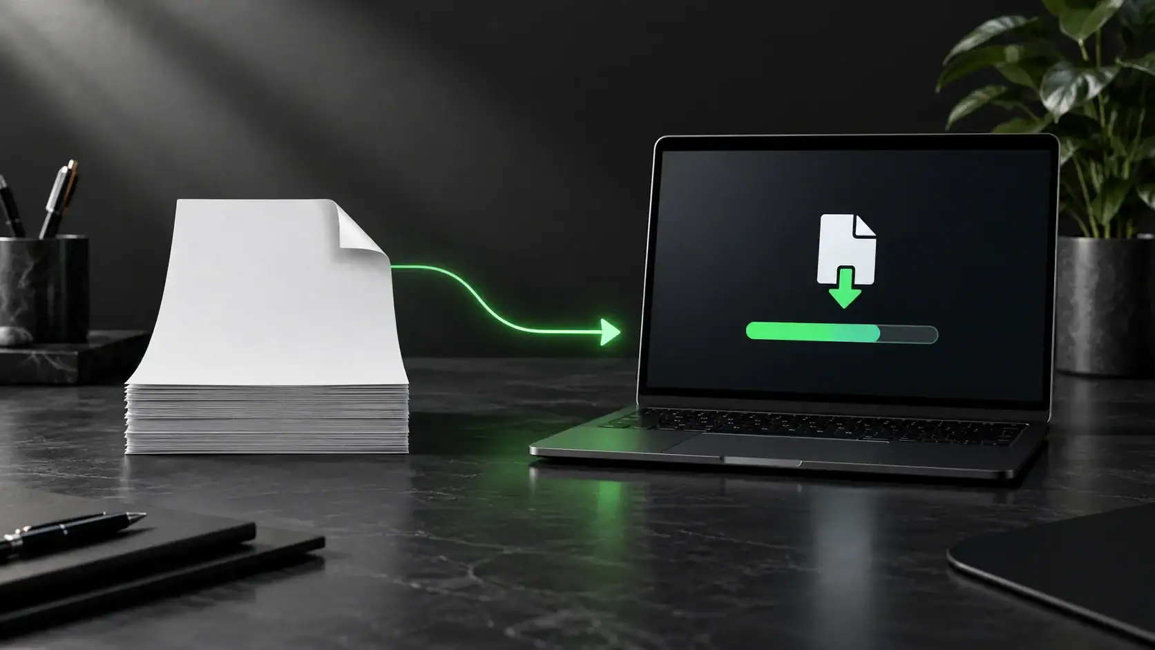 File transfer from paper documents to a laptop, symbolizing digital data migration or upload process.
