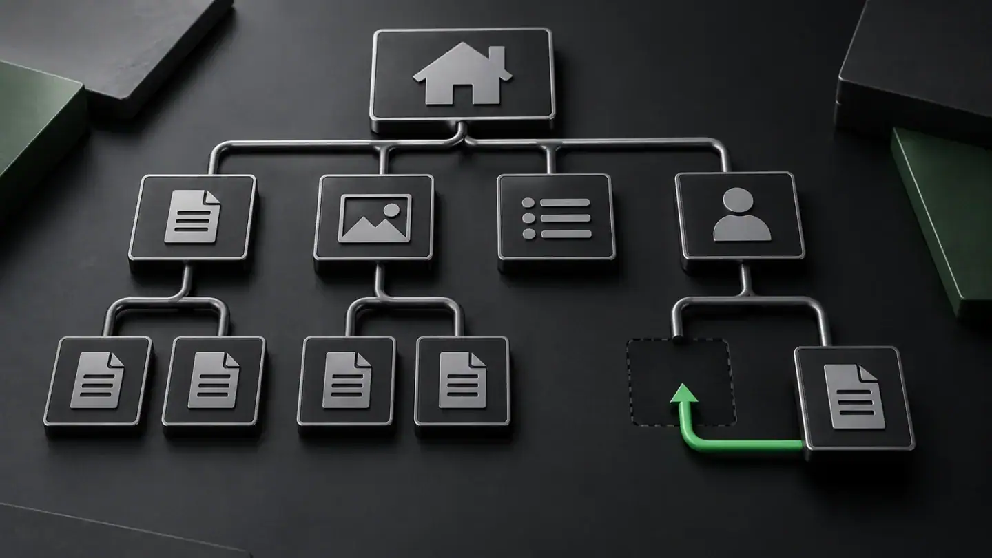 Website structure diagram with interconnected pages and a green arrow indicating navigation.