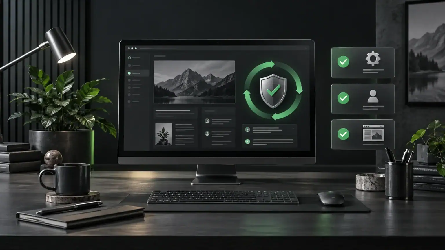 Computer screen displaying website security and performance dashboard with checkmarks and settings icons.