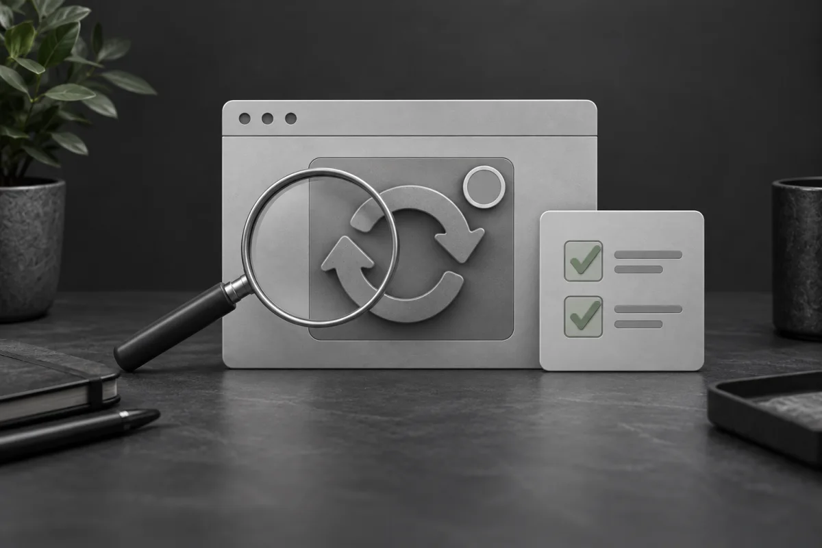 Magnifying glass over a gray software update panel beside a checklist with muted green ticks