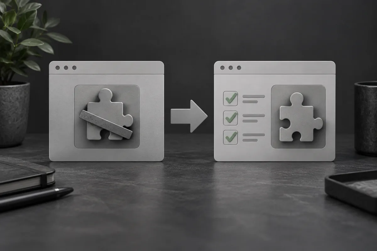Gray plugin panels showing a closed puzzle-piece tile and a replacement checklist with muted green ticks