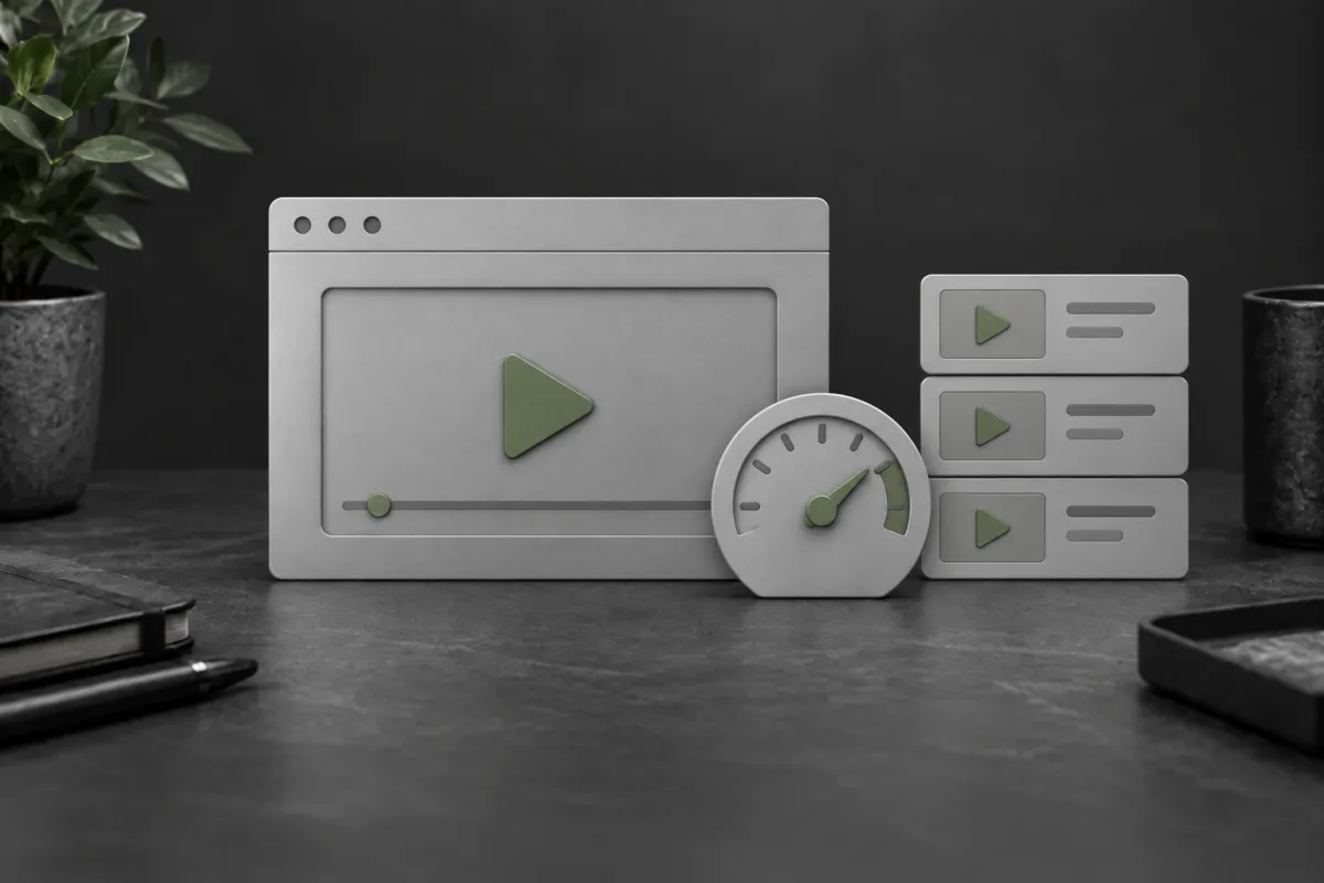 Gray video player and preview tiles with muted green play buttons beside a speed gauge